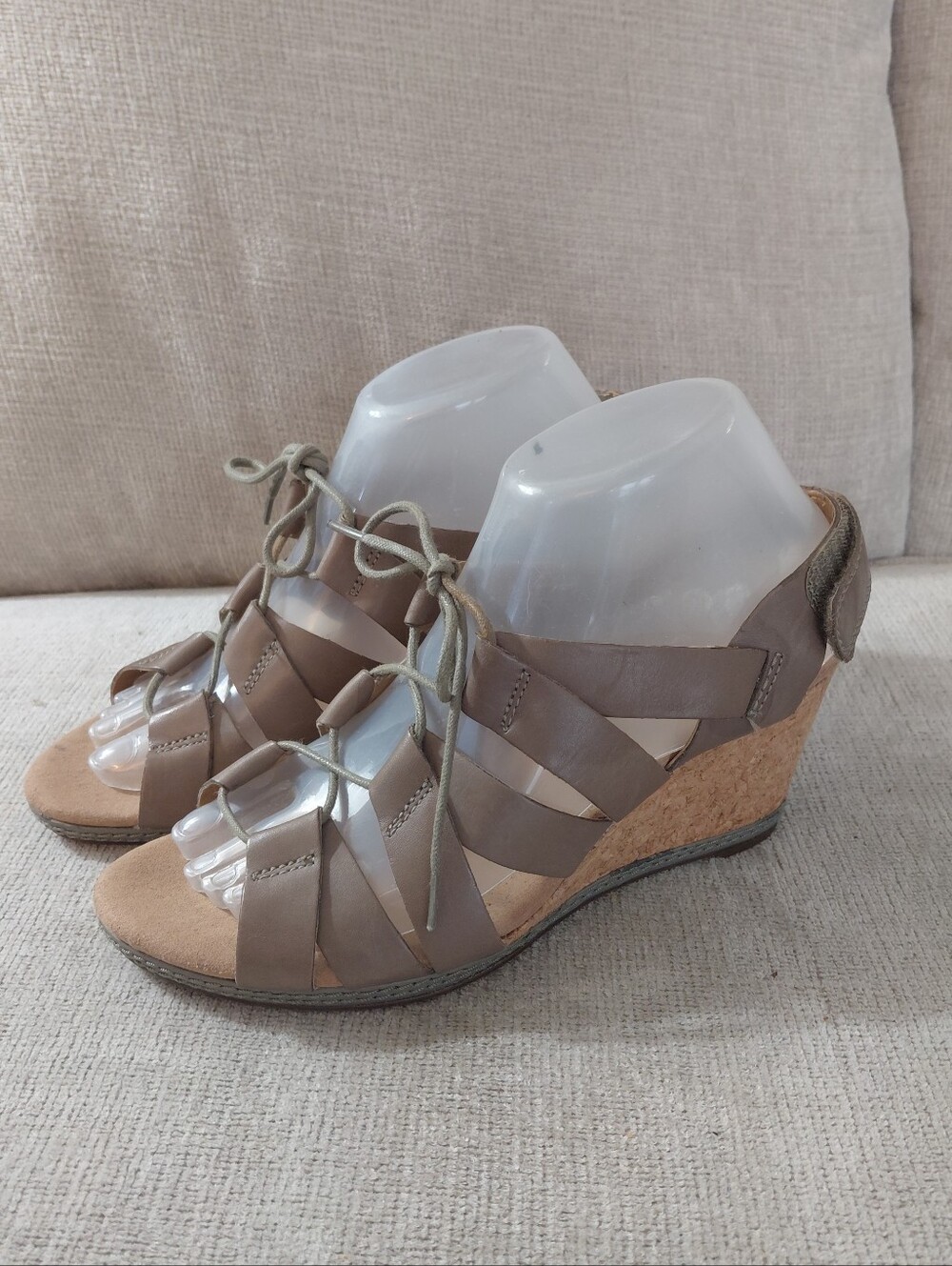 Clarks Taupe Lace-Up Wedge Sandals - Picture 8 of 13